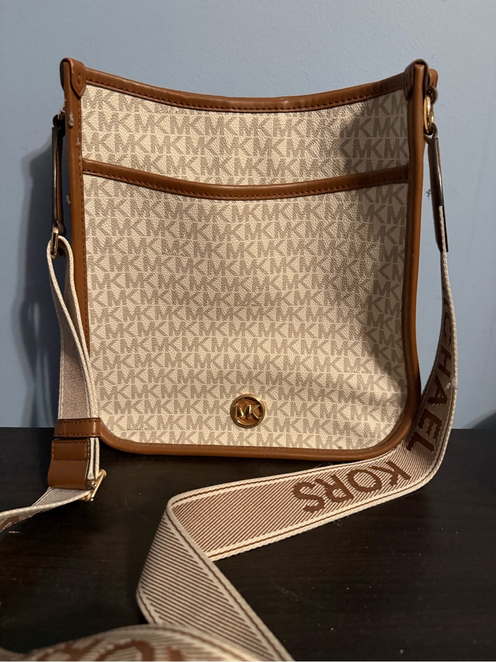 Michael Kors Beige and Tan MK Logo Bucket Crossbody (Messenger bag)
